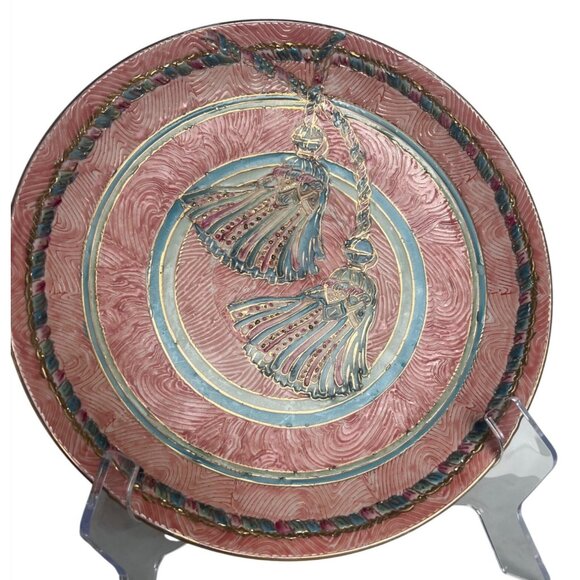 Decorative Ceramic Plate Tassel Motif 10" Pink Blue Gold Embossed Hand-Painted - Picture 1 of 6